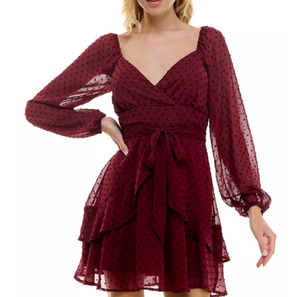 Trixxi dress Juniors' Surplice-Neck Tie-Waist Fit & Flare Dress size 3 Romantic